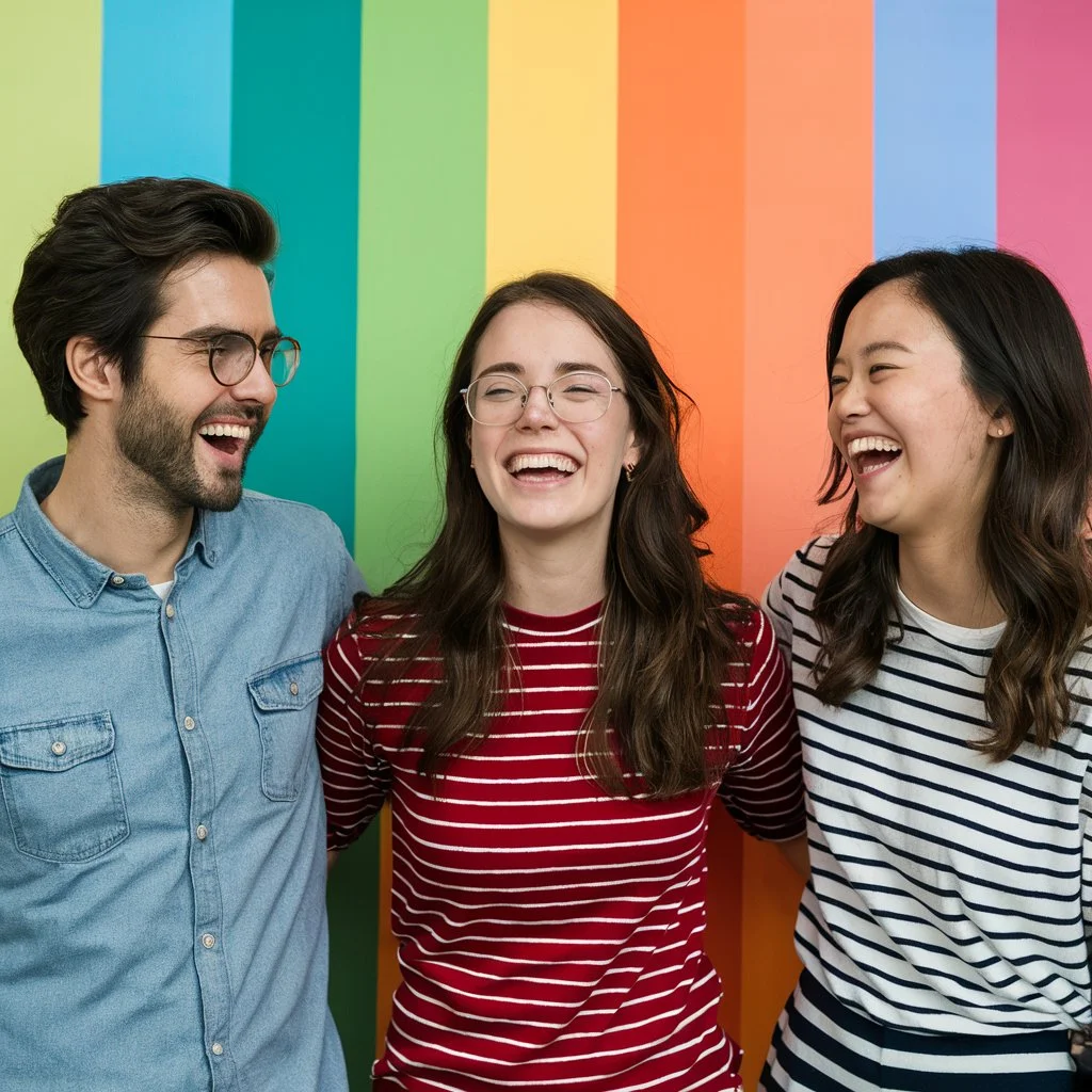 a group of three people are laughing