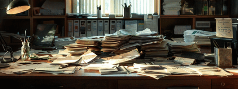 A desk full of paper documents, which are likely the result of someone learning how to write a request for proposal.